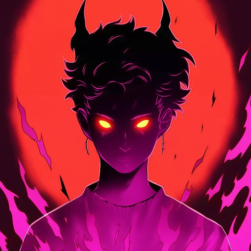 Abstract devilish artwork with vibrant neon colors and glitch effects.