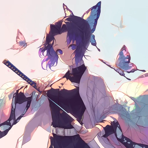 Anime-style avatar of a character with purple hair and butterfly motifs, holding a katana, suitable for use as a profile picture or PFP.
