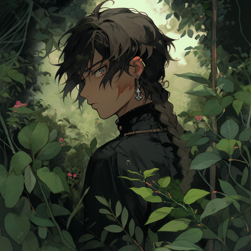 A mysterious anime character surrounded by nature.