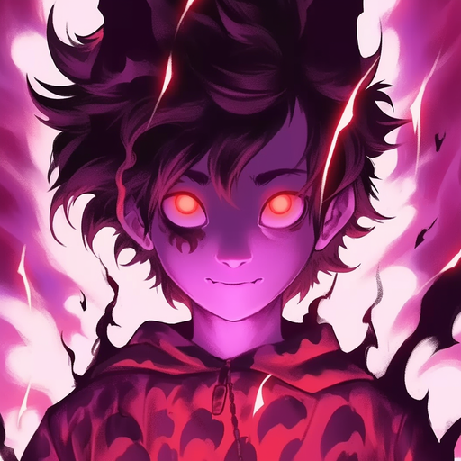 Devil boy with glowing red eyes and a fiery background.