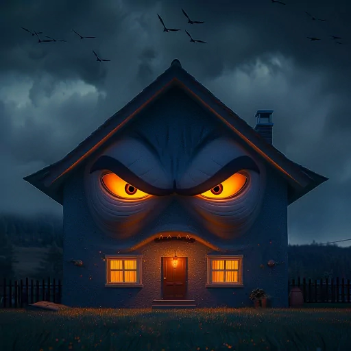 Animated house avatar with glowing eyes and an angry expression, set against an eerie twilight backdrop, suitable for a profile picture or PFP.