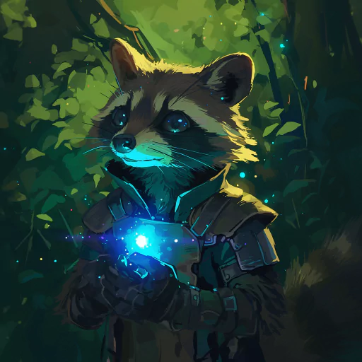 A raccoon wearing futuristic armor holds a glowing blue orb in a forest setting.