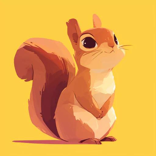 Cute cartoon squirrel with a bushy tail and big eyes, standing against a yellow background.