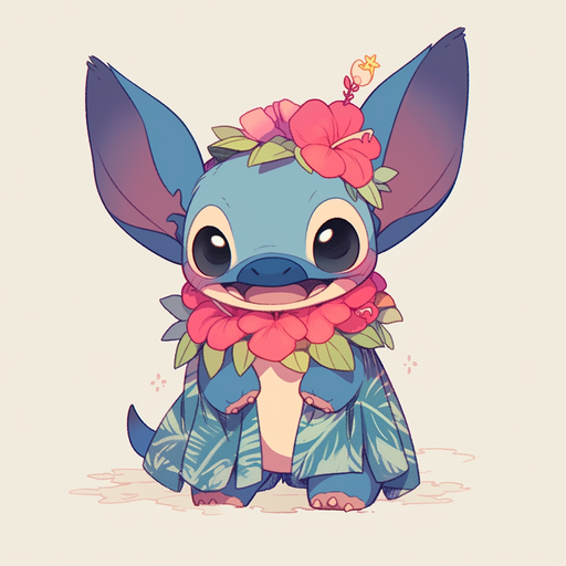 Stitch in anime style, looking cute with a rainbow background.