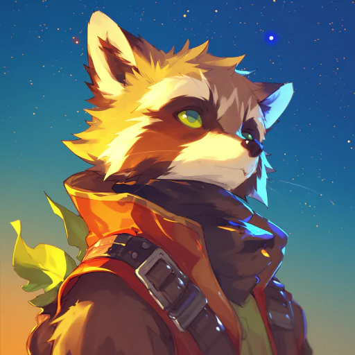 An illustrated raccoon wearing a red jacket and a scarf, gazing into the distance with a starry sky background.