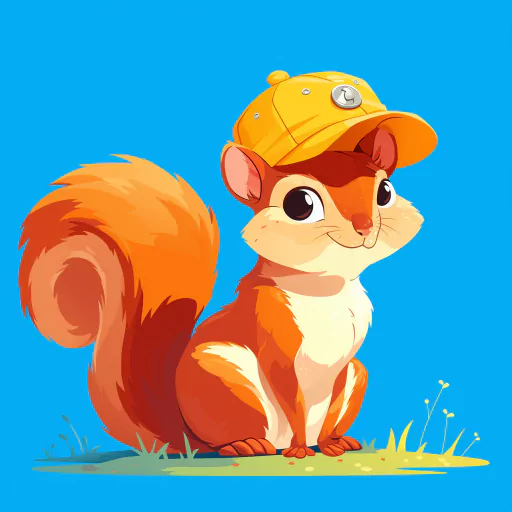 A cute cartoon squirrel wearing a yellow baseball cap, sitting on the grass with a bright blue background.