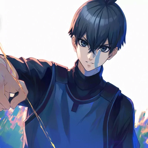 Isagi Yoichi anime character avatar with a focused expression and a dark blue outfit, ideal for a profile photo or PFP.