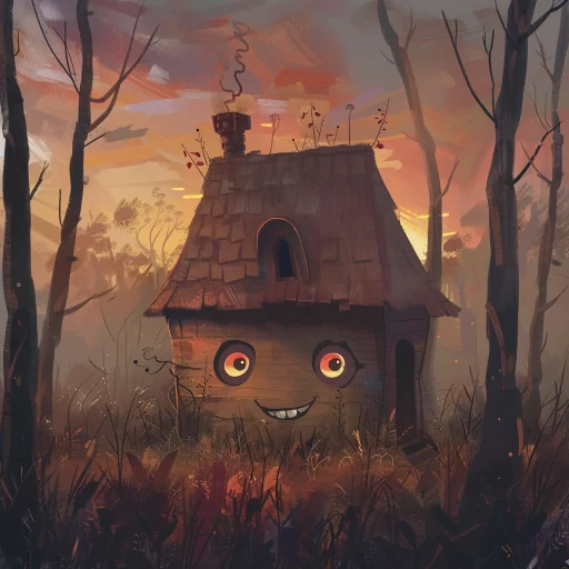 Whimsical house avatar with a friendly face against a sunset forest backdrop for use as a profile picture.