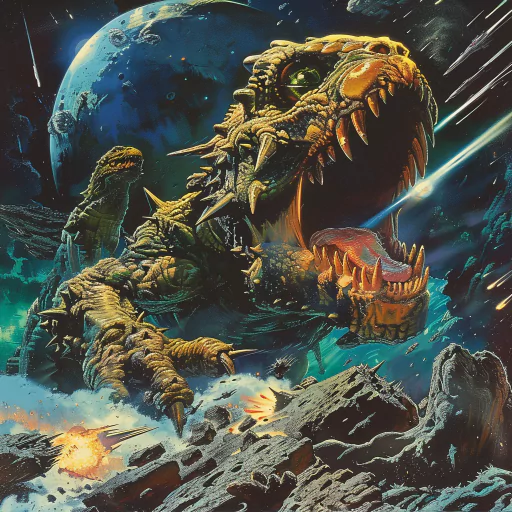 A sci-fi themed avatar depicting a reptilian alien with sharp teeth in a cosmic environment, featuring a planet and meteor showers in the background.