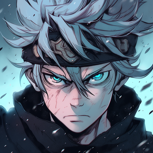 Asta from Black Clover, with precise and sharp expression, in a style that's expressive and uses cold colors.