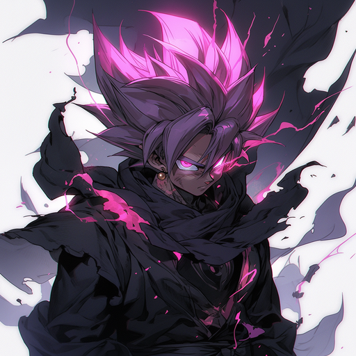 Goku Black, the villain from Dragon Ball, confronts his foes with an intense gaze.