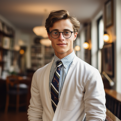 Preppy person wearing glasses and a collared shirt.