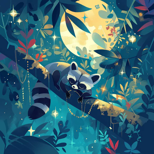 Illustration of a raccoon perched on a tree branch in a vibrant, moonlit forest with colorful leaves and glowing stars.