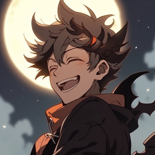 Asta's smiling face with wild hair against a moonlit background.