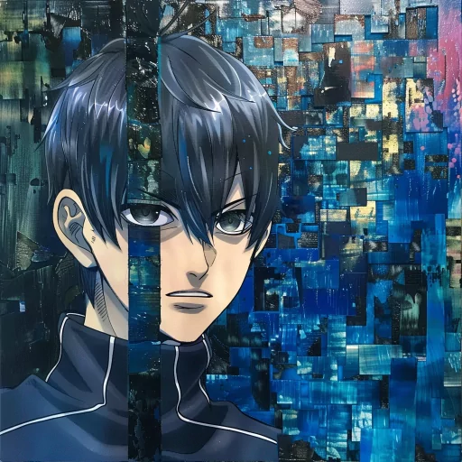 Isagi Yoichi avatar featuring the character with intense gaze against an abstract blue background, perfect for a profile photo or PFP.