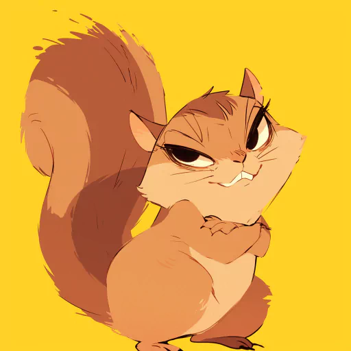 A cartoon-style squirrel with a mischievous expression on a yellow background.