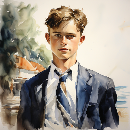 Colorful watercolor portrait with visible brushstrokes of a preppy style figure.