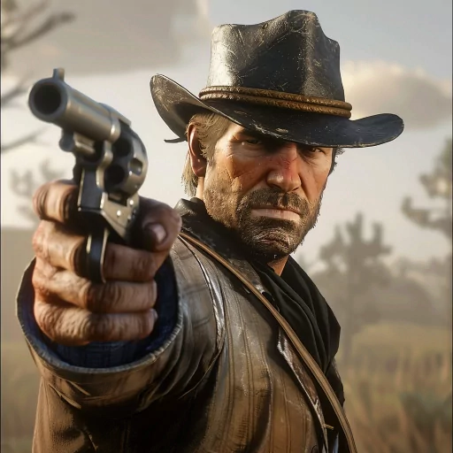 Avatar of a rugged cowboy character with a hat, holding a revolver, set against a blurry natural background for a profile picture.