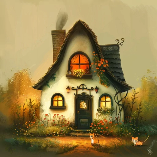 Cozy cartoon-style house profile picture with warm glowing windows, surrounded by lush greenery and flowers, featuring two cute cats in a peaceful setting.