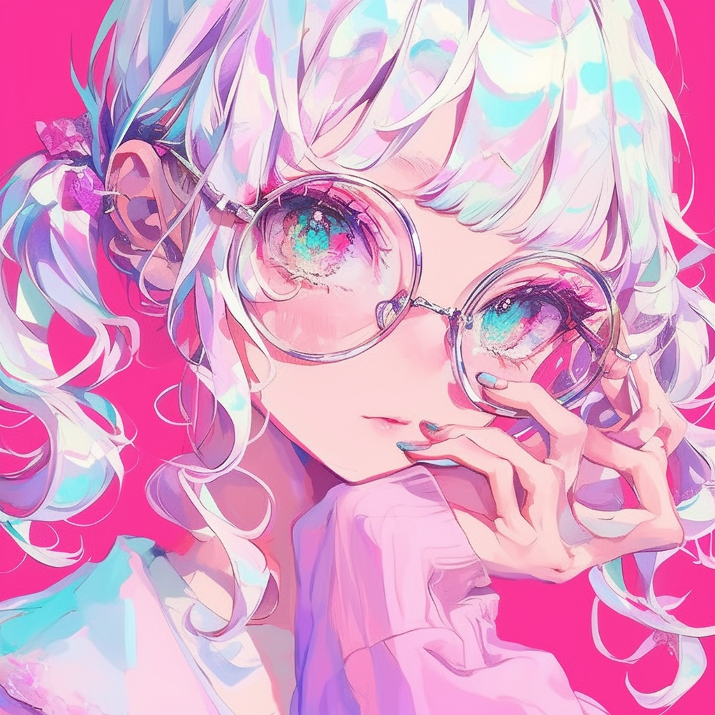 Aesthetic anime girl profile picture with curly white hair and sparkling round glasses against a vibrant pink background.