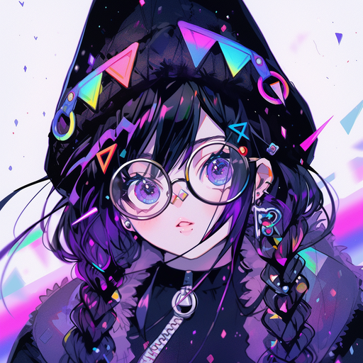 Anime character with vibrant rainbow hair and colorful eyes, sporting a stylish outfit.