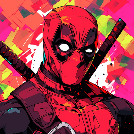 Colorful illustration of Deadpool, a Marvel Comics character, with a playful expression and holding a weapon.