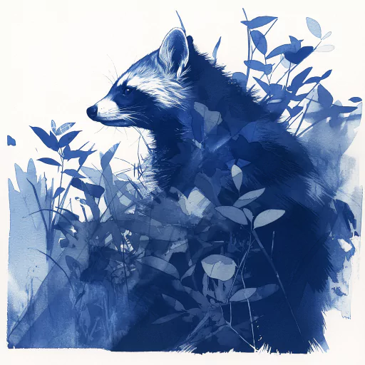 Artistic profile image of a raccoon among foliage, rendered in shades of blue.