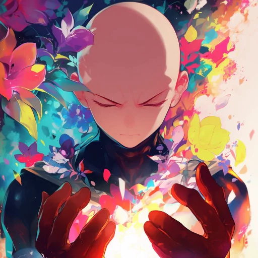 Animated avatar image of a bald character with a neutral expression, surrounded by vibrant, colorful flowers and petals, suitable for use as a profile picture or PFP.