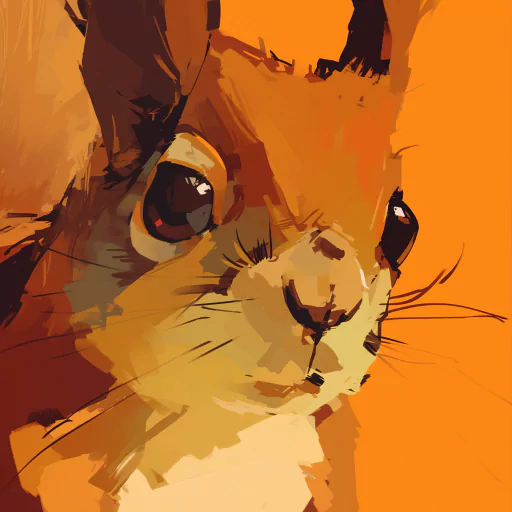 A close-up illustration of a squirrel with an expressive face on an orange background.