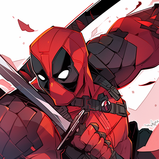 Colorful close-up depiction of Deadpool, a popular Marvel Comics character, with a mischievous expression.