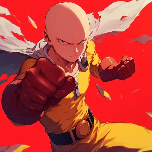 Animated character Saitama in a dynamic pose ready for action, featuring a determined expression, from the series One Punch Man, suitable for a profile picture.