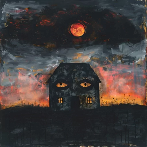 Abstract house profile picture with expressive eyes, dramatic sunset sky, and a fiery landscape, evoking a mysterious mood.