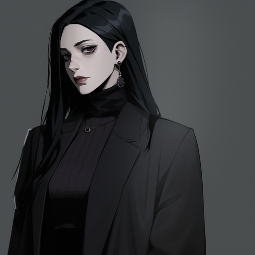 Portrait of a gothic anime character, with a mysterious expression and distinct features.