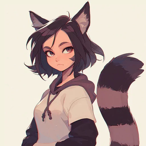 Anime-style girl with dark hair, raccoon ears, and a raccoon tail, wearing a white and black hoodie.