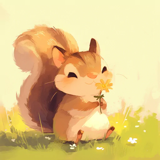A cute cartoon squirrel holding a yellow flower, sitting on grass with a bright background.