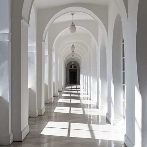 Empty white corridor with shadows.