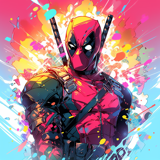 Colorful comic book style depiction of Deadpool with a vibrant and artistic design.