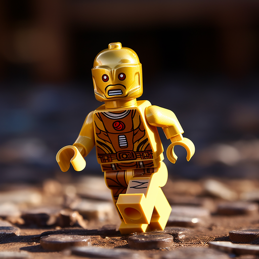 C-3PO from Lego Star Wars running in an action-packed scene.