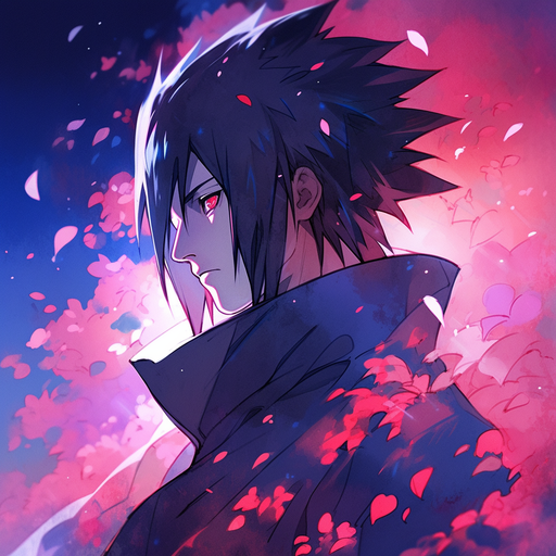 A vibrant profile picture of Sasuke Uchiha with a bokeh effect, featuring mild expressions.