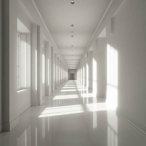 Empty white hallway with shadows
