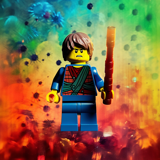 Lego Anakin Skywalker against colorful backdrop.