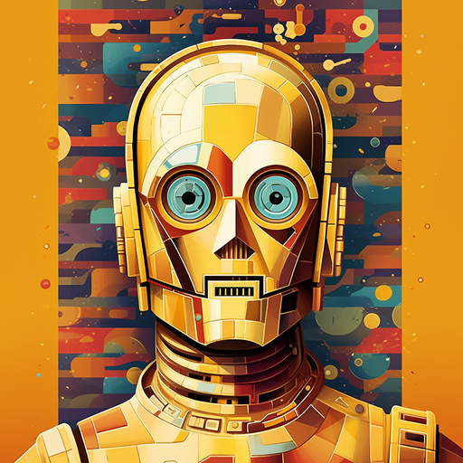 Golden Lego C-3PO in a vibrant pop art style from Lego Star Wars.