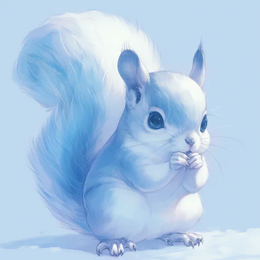 Avatar of a white and blue squirrel with large, fluffy tail and black eyes, against a light blue background.