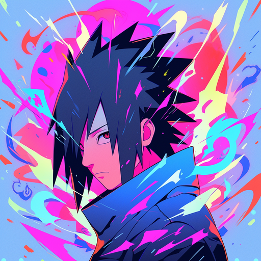 Sasuke Uchiha with vibrant boken effect, wearing a mild expression.
