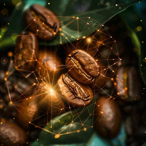 Creative coffee beans profile picture with digital network overlay.