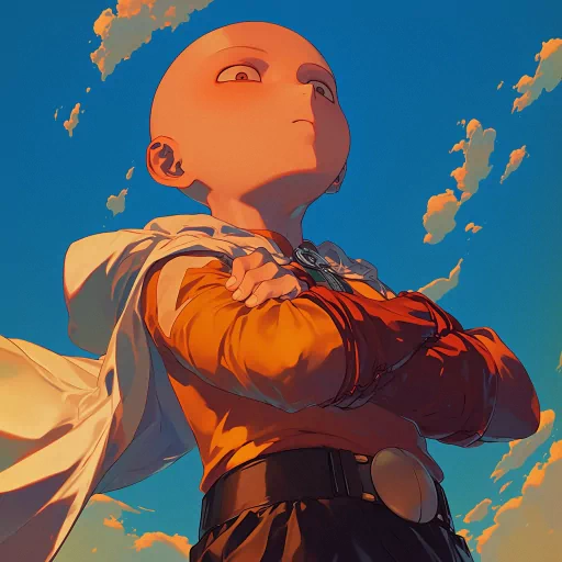 Saitama avatar with a heroic stance against a sky backdrop for a profile photo.