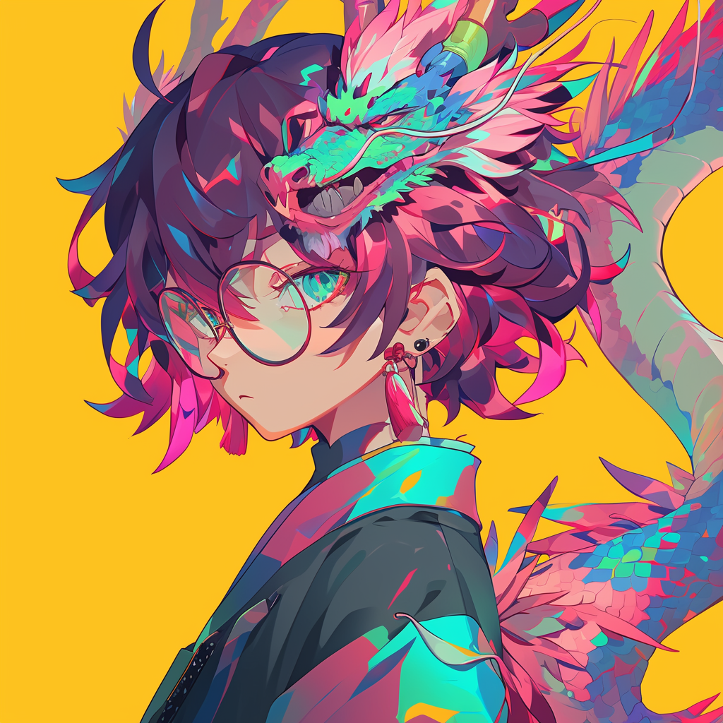Aesthetic anime profile picture featuring a character with dark hair and glasses alongside a vibrant, colorful dragon.