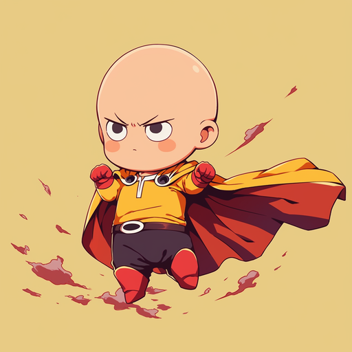 Saitama, a chibi-style anime character with a serious expression.