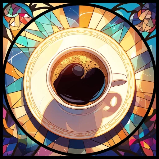 Stylized coffee cup avatar with vibrant stained-glass background for a profile picture.