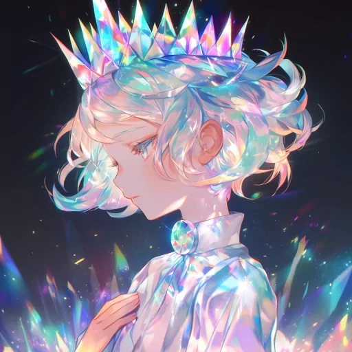 Illustrated queen avatar with a sparkling crown and iridescent outfit for use as a profile picture.
